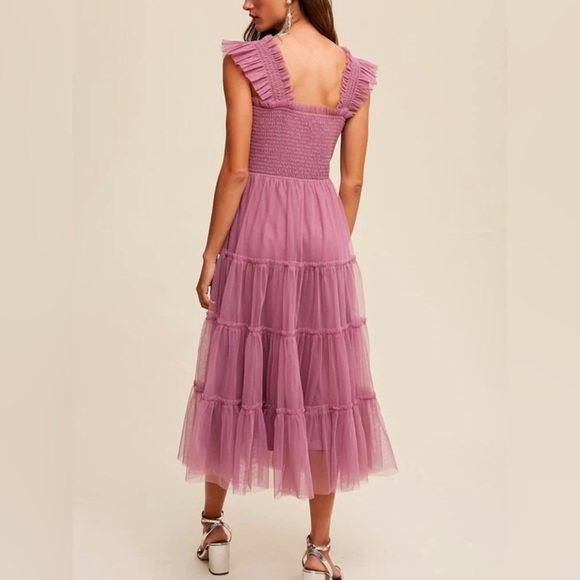 Listicle Fiori Short Maroon Tulle Tiered Midi Dress - Picture 2 of 3